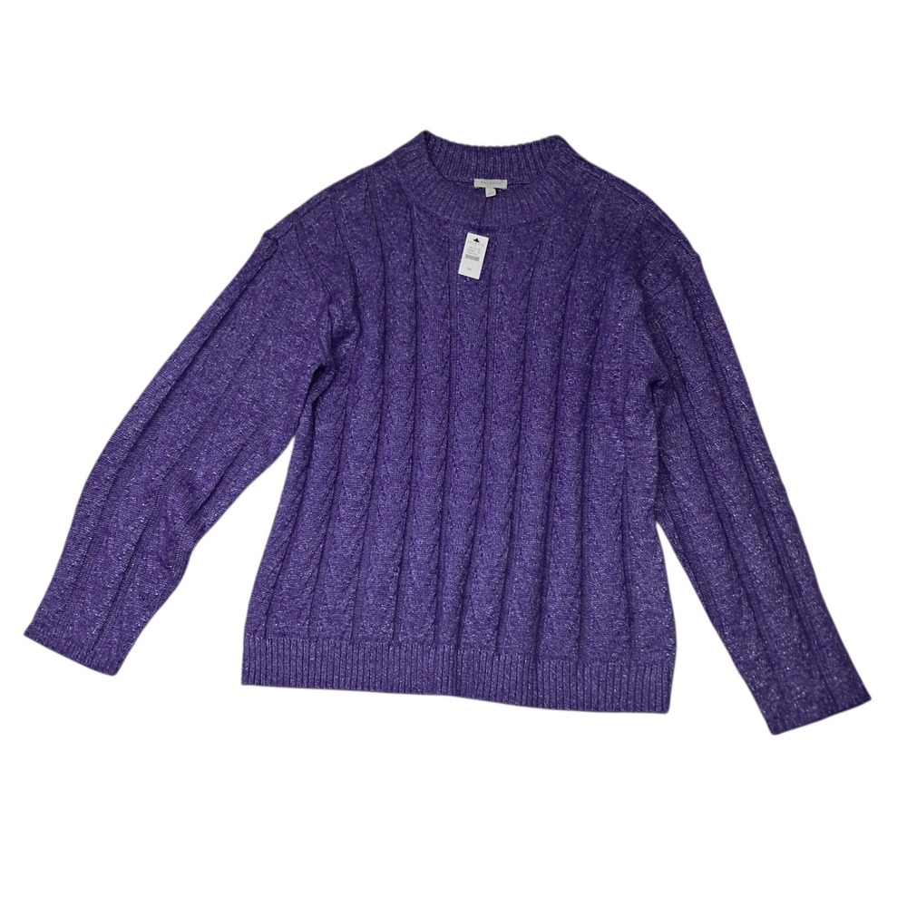 NWT Talbots Sweater‎ Womens Medium Purple Metallic Cable Knit Crew Neck Sparkle